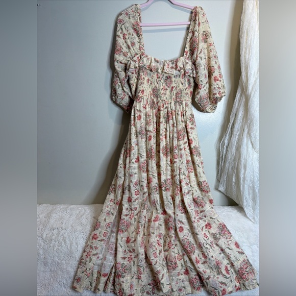 Free People Printed Oasis Shirred Smocked Square Neck Midi Dress - Picture 7 of 7